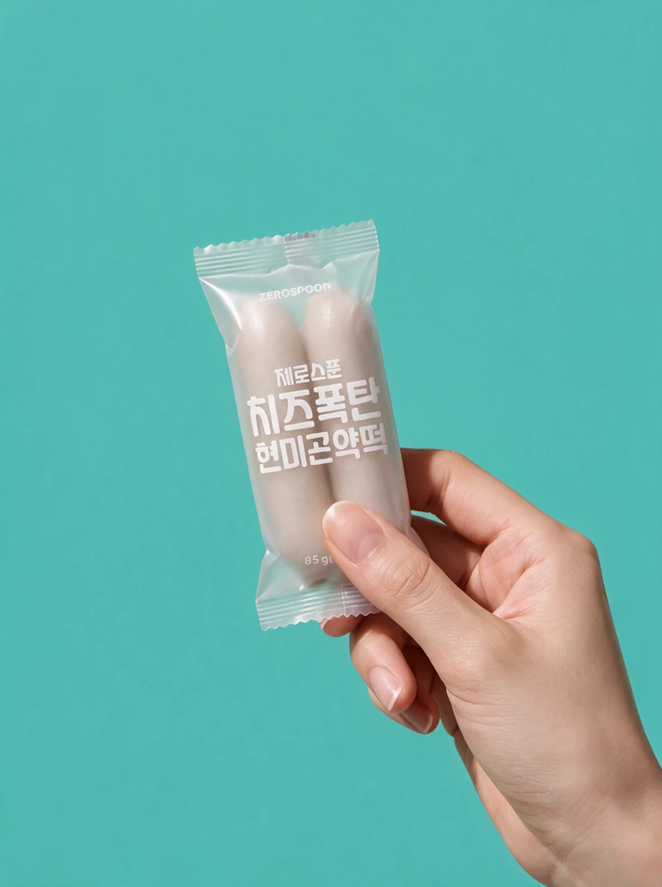 A hand holding an individually wrapped tteok against teal