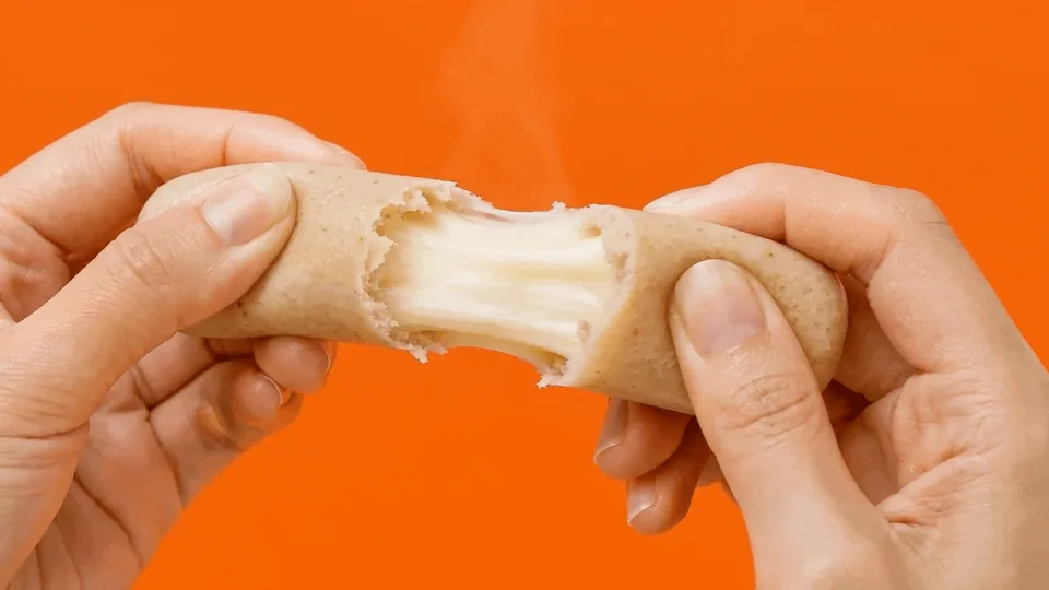 Cheese stretching between two pieces of tteok