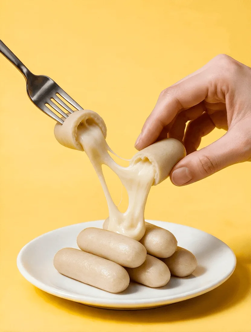 A fork pulling cheese from tteok on a plate