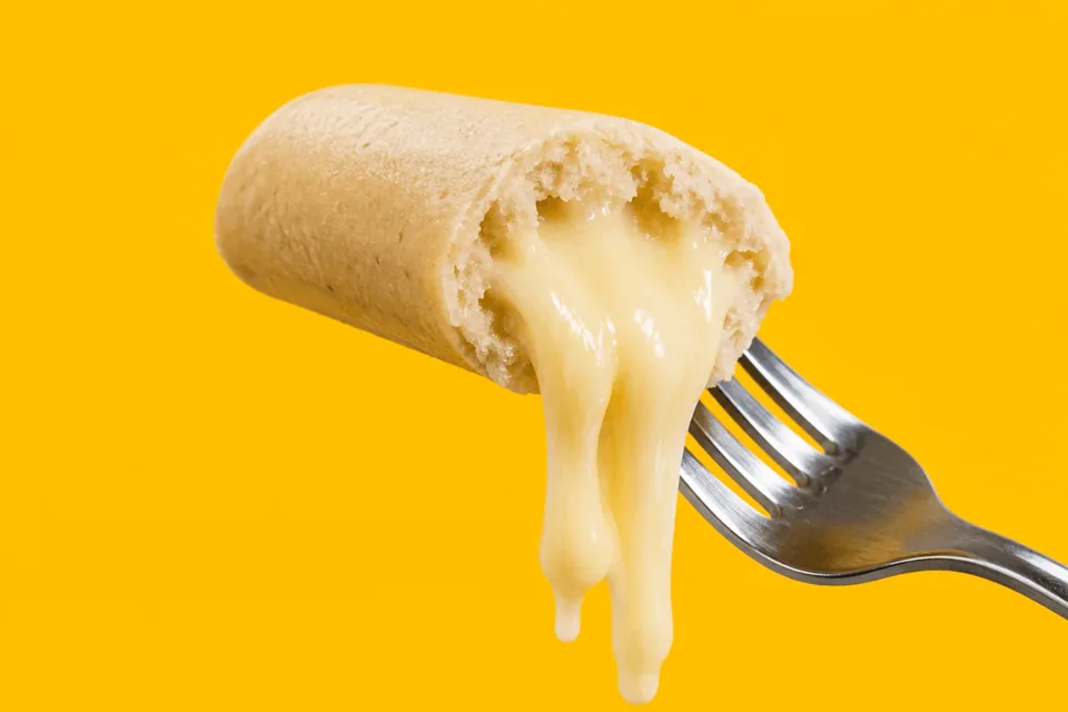 Melted cheese dripping from tteok on a fork
