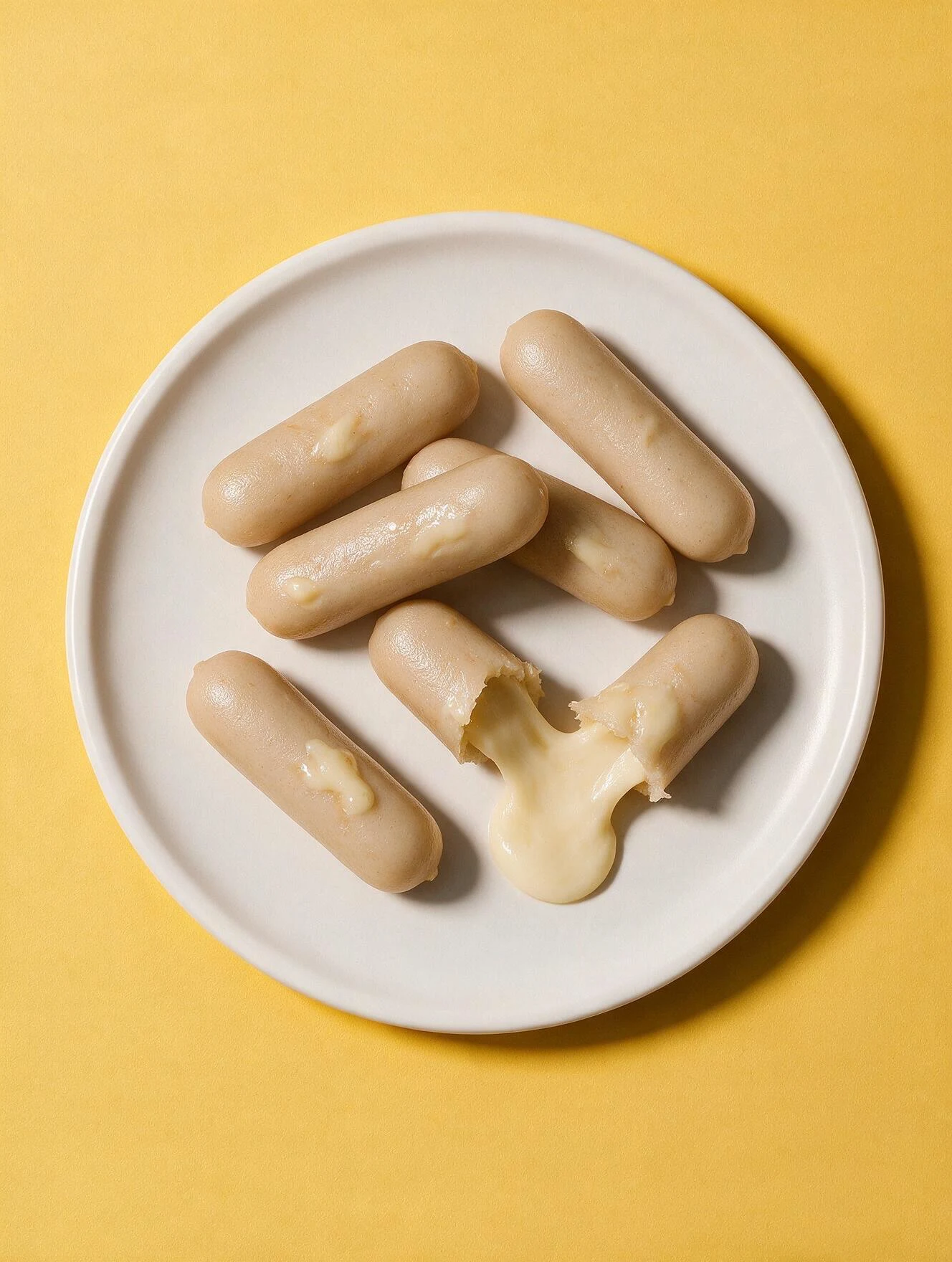 Top view of tteok on a white plate against yellow