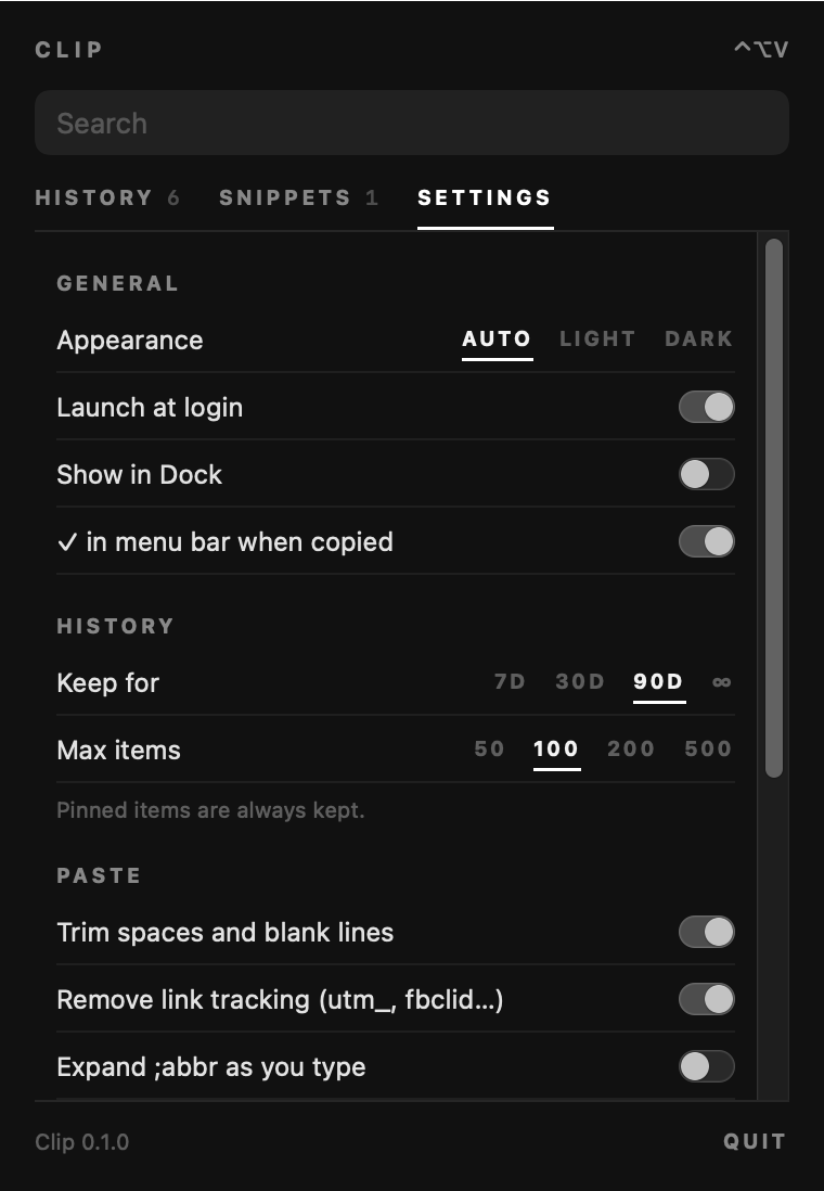 Settings tab: appearance, launch at login, history retention, paste options