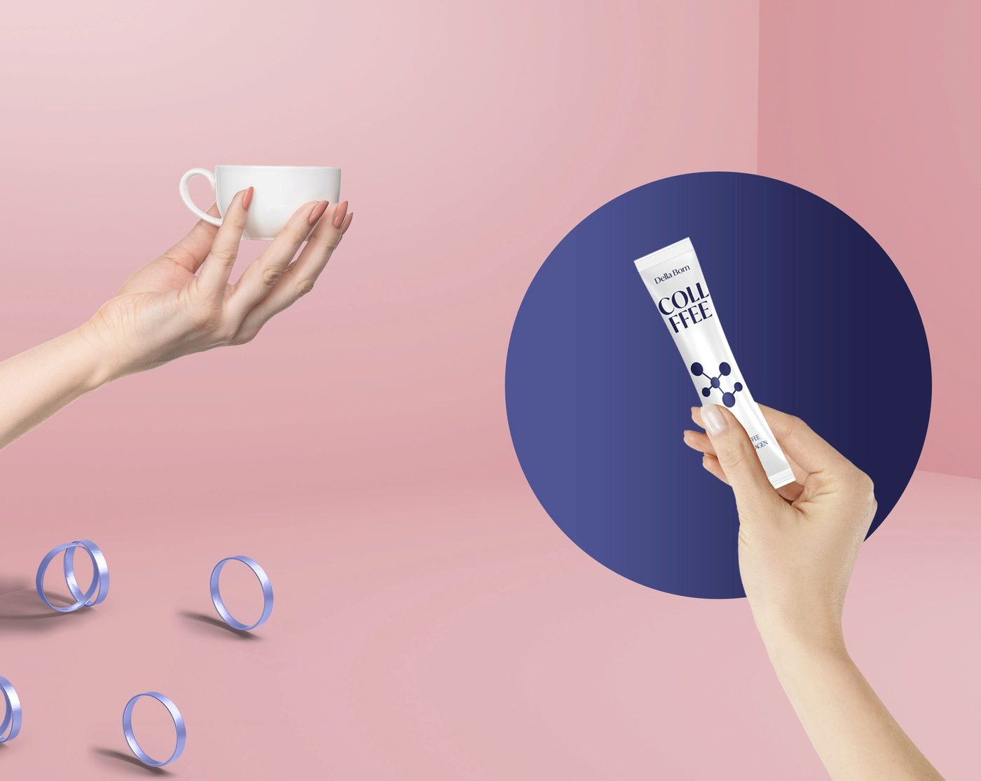 Online ad: a hand with a coffee cup and a hand with a COLLFFEE stick