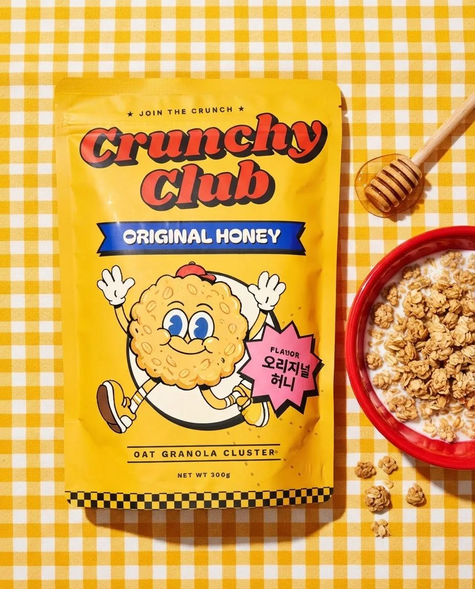 Original Honey pouch beside a bowl of granola on a gingham cloth