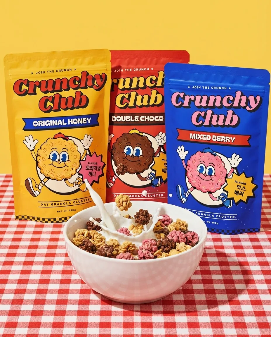 Three pouches behind a bowl of granola and milk on a gingham table