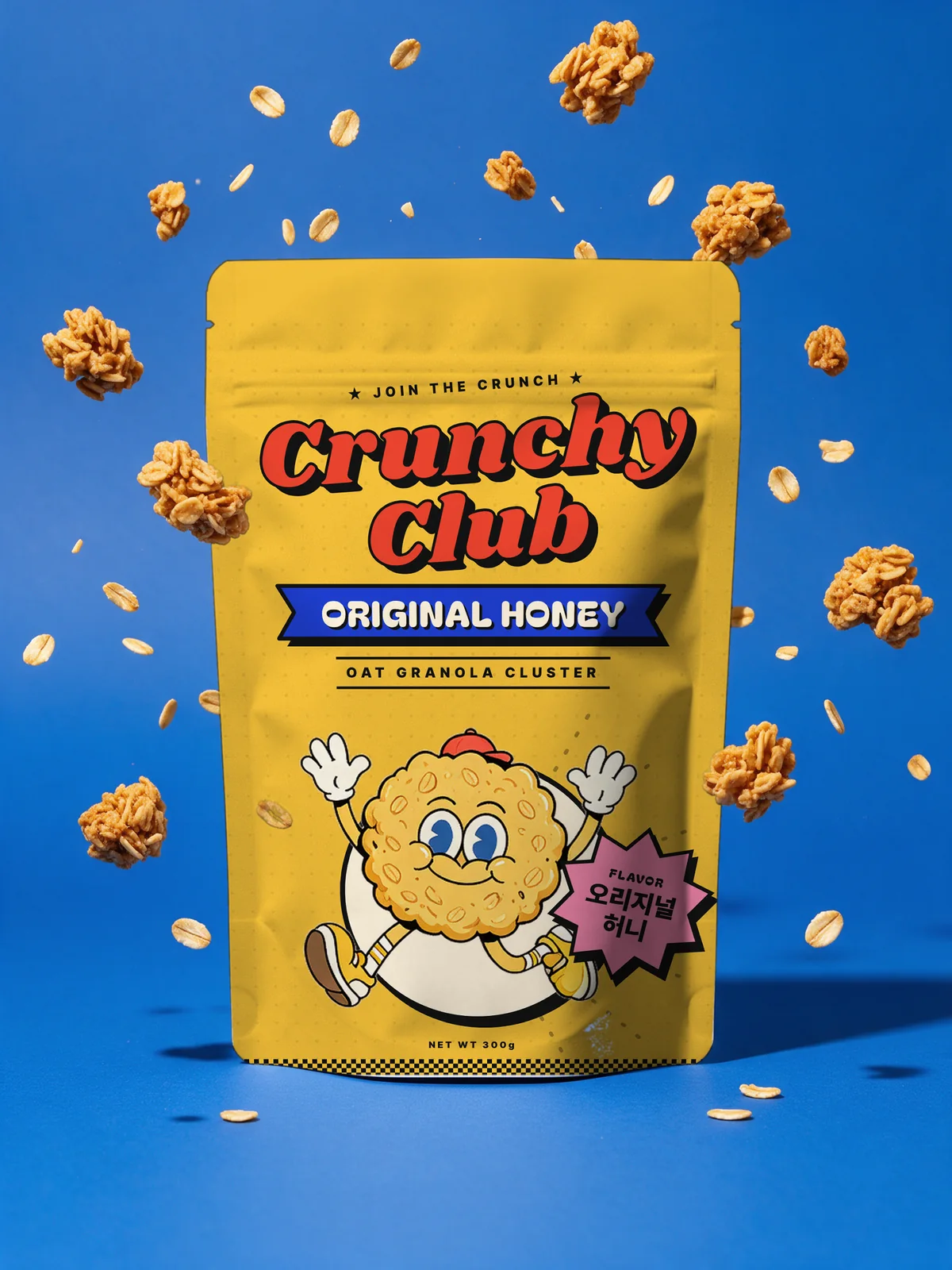 Original Honey pouch among floating granola on a blue backdrop