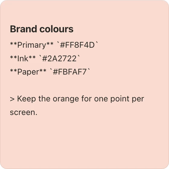 Brand colours note in edit mode showing raw Markdown