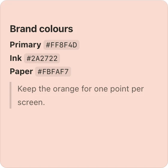 The same note rendered: labels in bold, hex codes as code chips, a quote