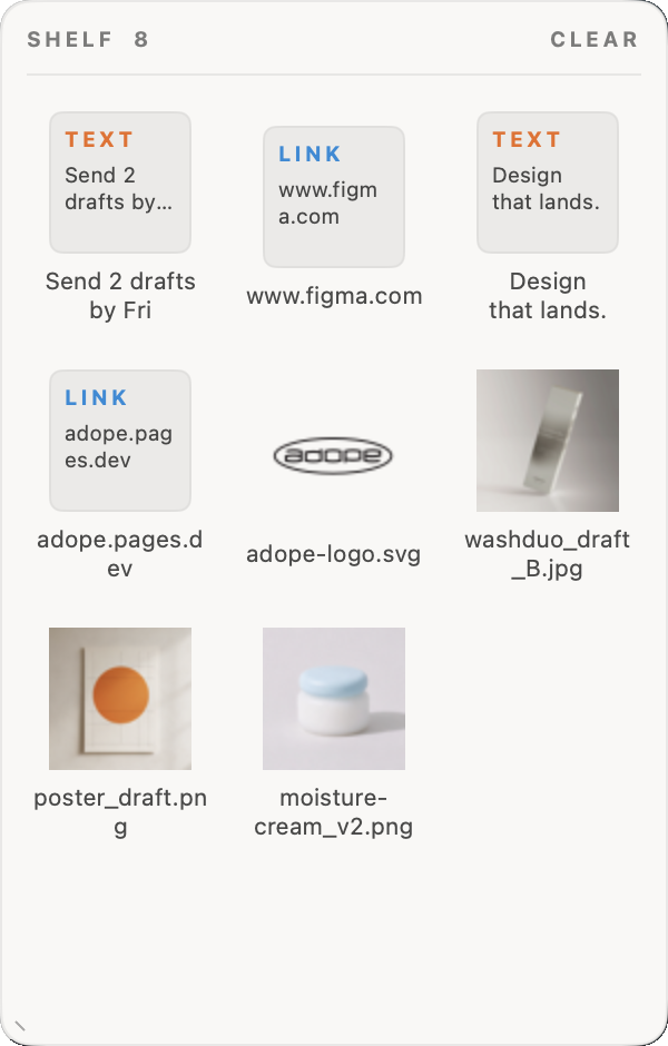 Shelf panel with eight items: notes, links, a logo file and three images