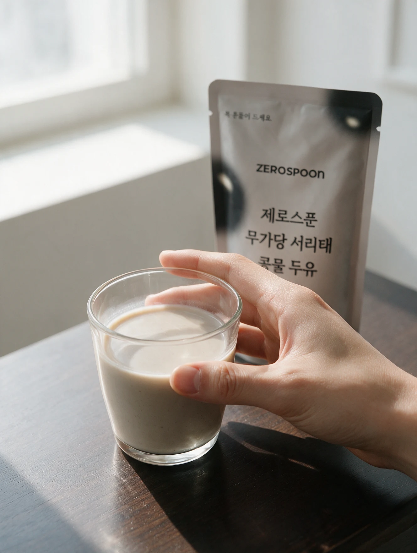 A hand holding a glass of soy milk beside the pouch