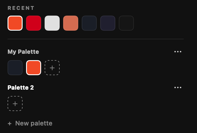 Recent colours, My Palette and Palette 2